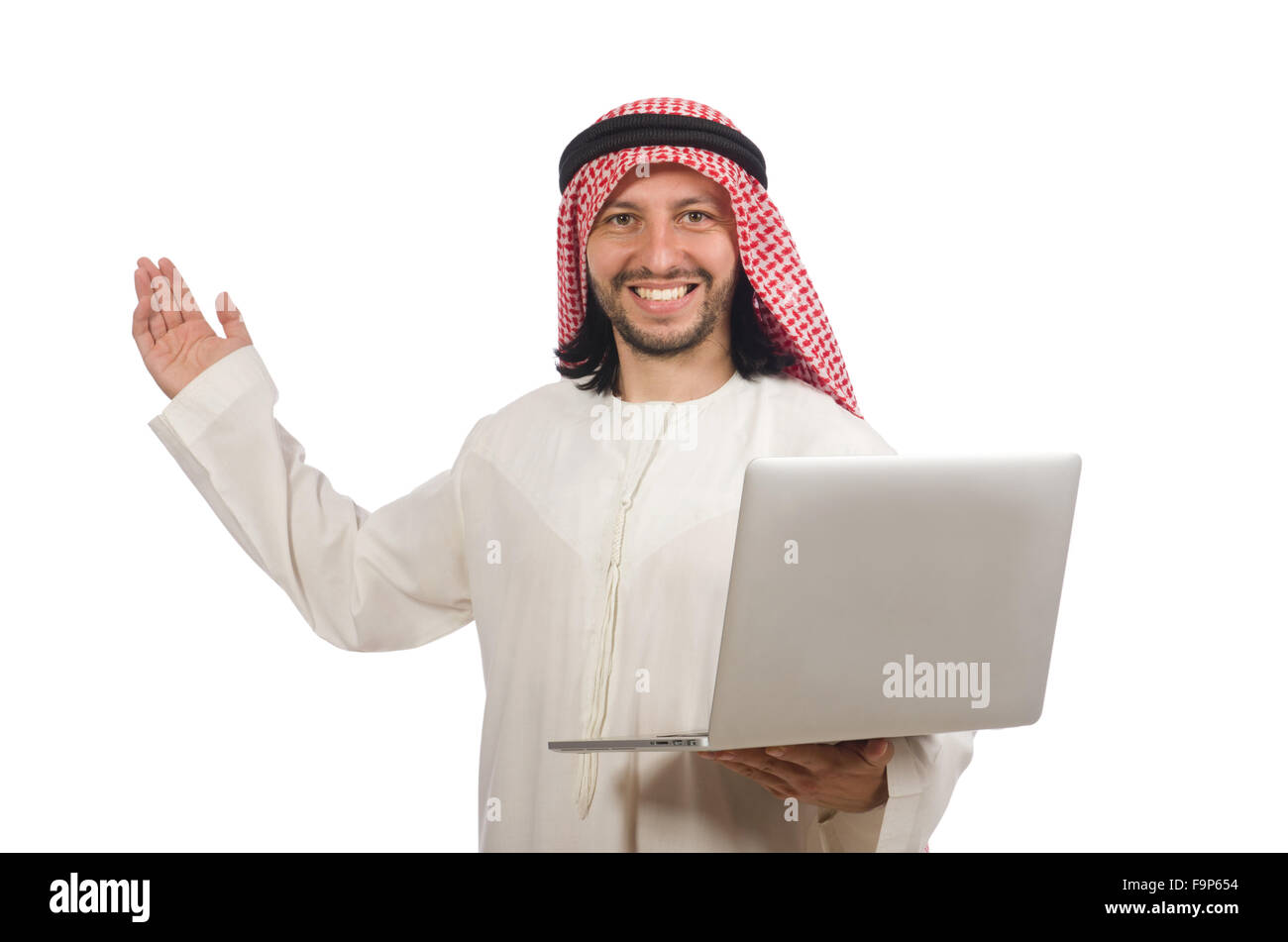 Arab man with laptop isolated on white Stock Photo - Alamy