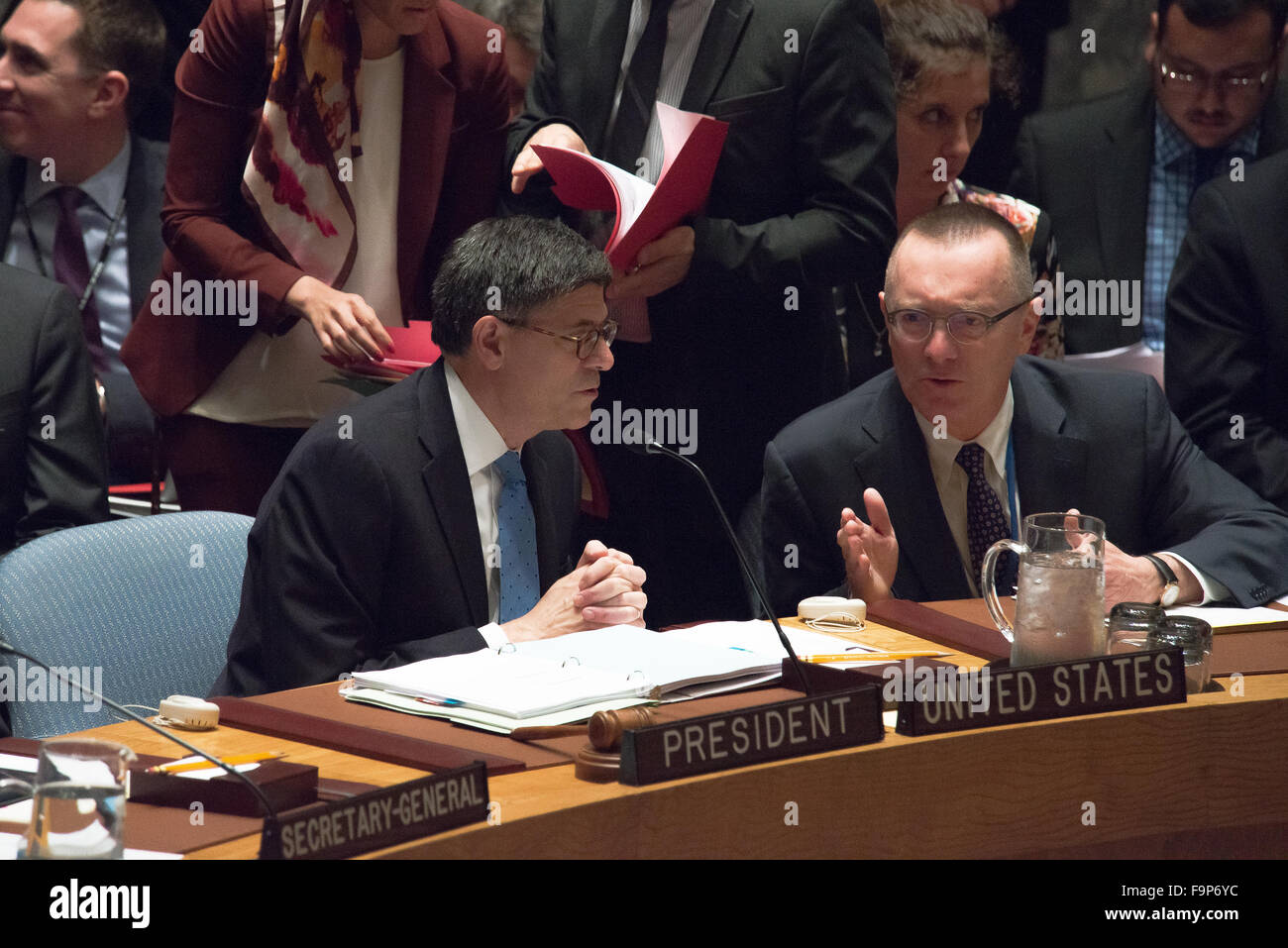 New York, United States. 17th Dec, 2015. U.S. Treasury Secretary Jack Lew (right) sits at the Security Council President's seat. As part of a series of Security Council sessions on the subject of terrorism, especially Islamic State extremism in Syria, U.S. Treasury Secretary Jack Lew chaired a session of the Council on efforts to restrict financing to Islamic State groups. Credit:  Albin Lohr-Jones/Pacific Press/Alamy Live News Stock Photo