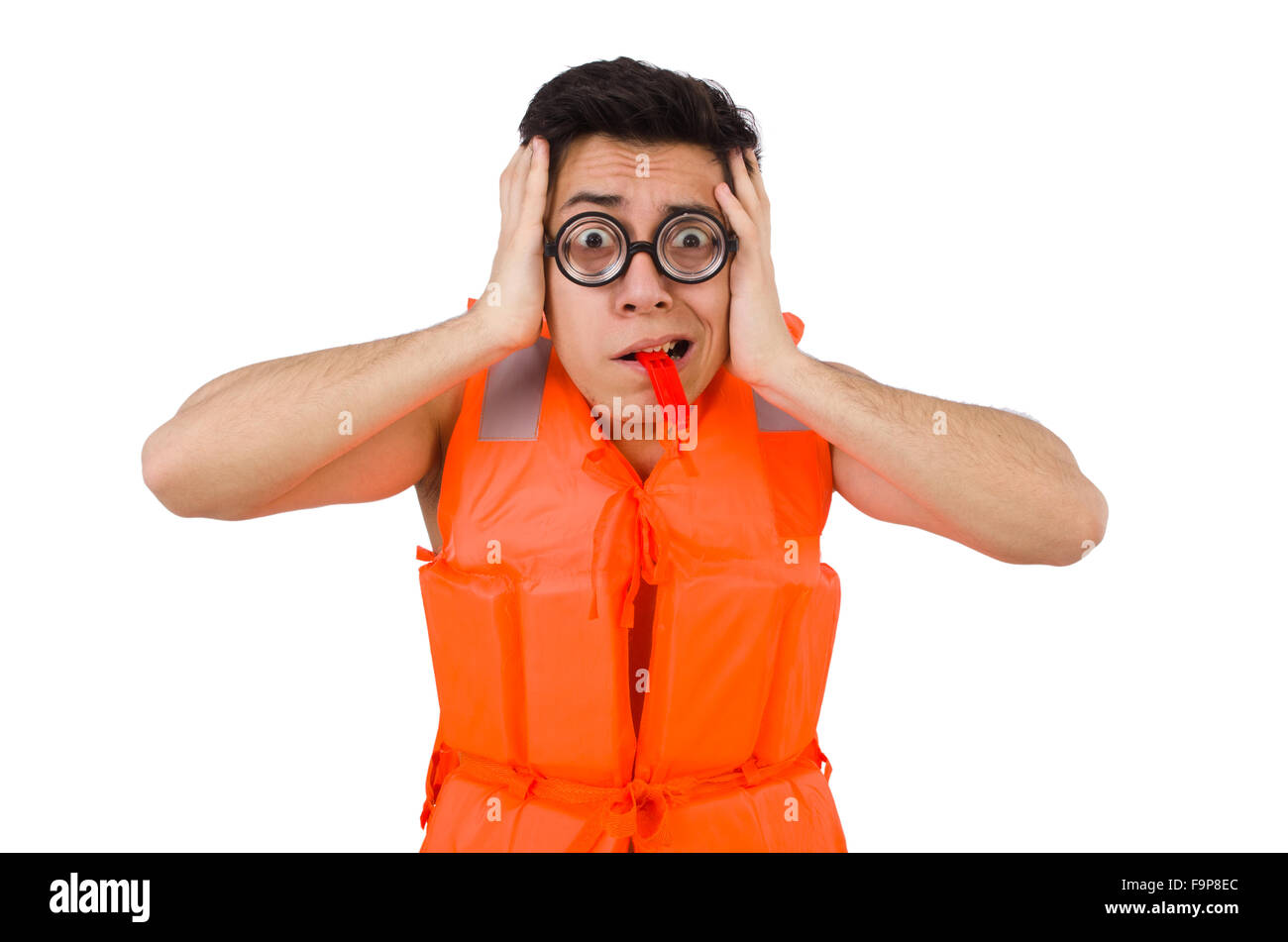 Funny man wearing orange safety vest Stock Photo Alamy