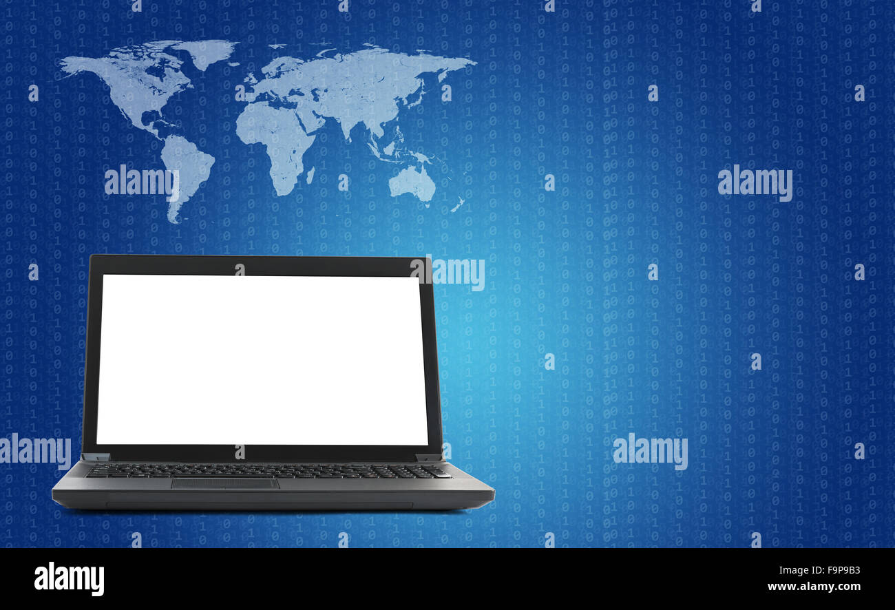 Laptop with world map and figure on blue Stock Photo - Alamy