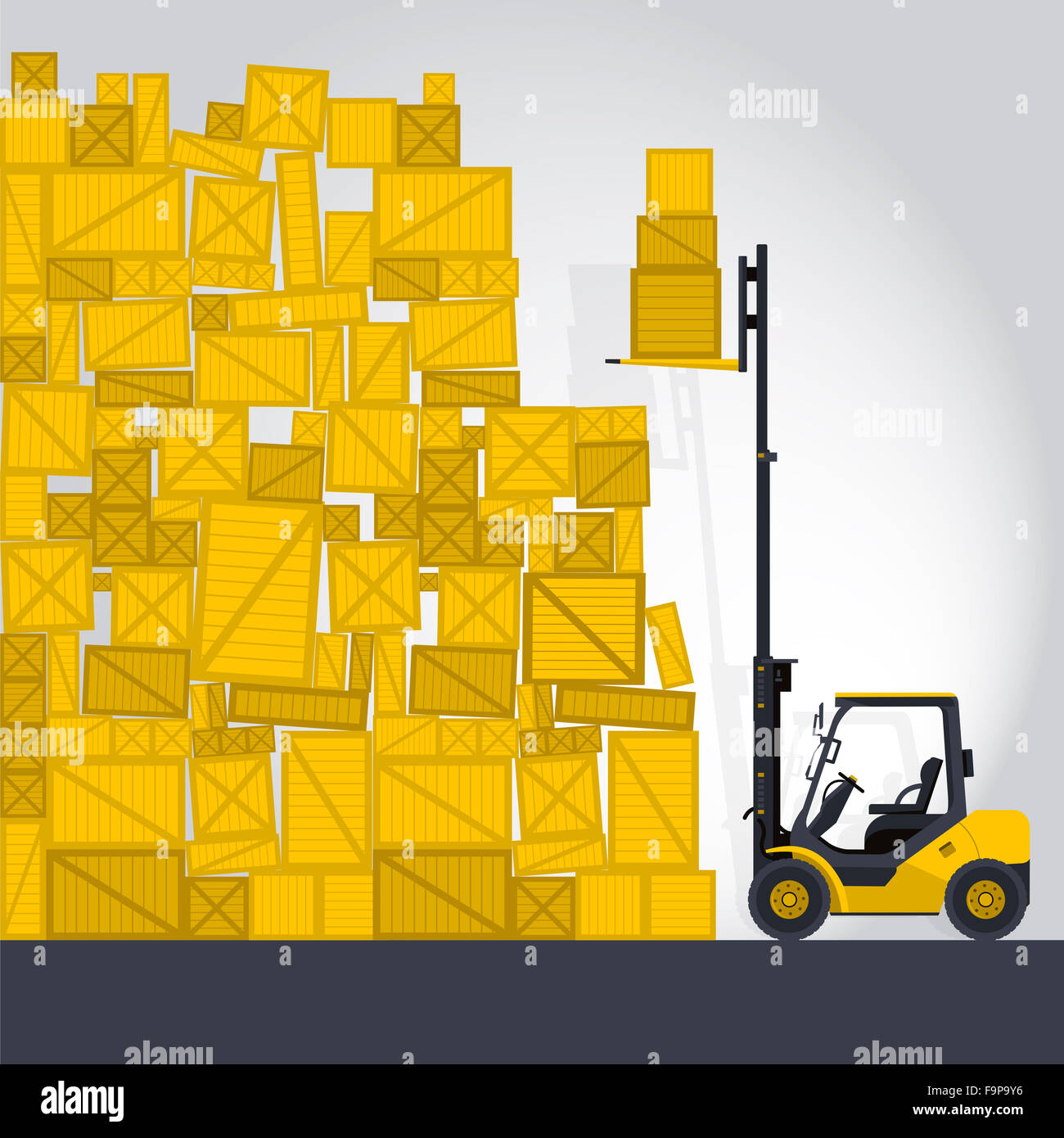 Yellow fork lift loader works in store nice lift loads crate box in warehouse storage flatten illustration master vector. Stock Photo