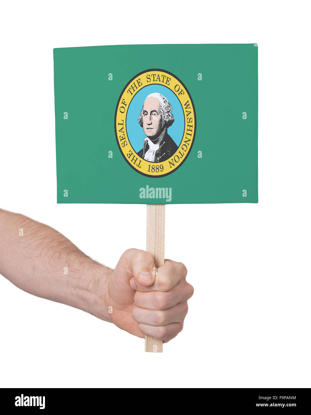 Hand holding small card, isolated on white - Flag of Washington Stock ...