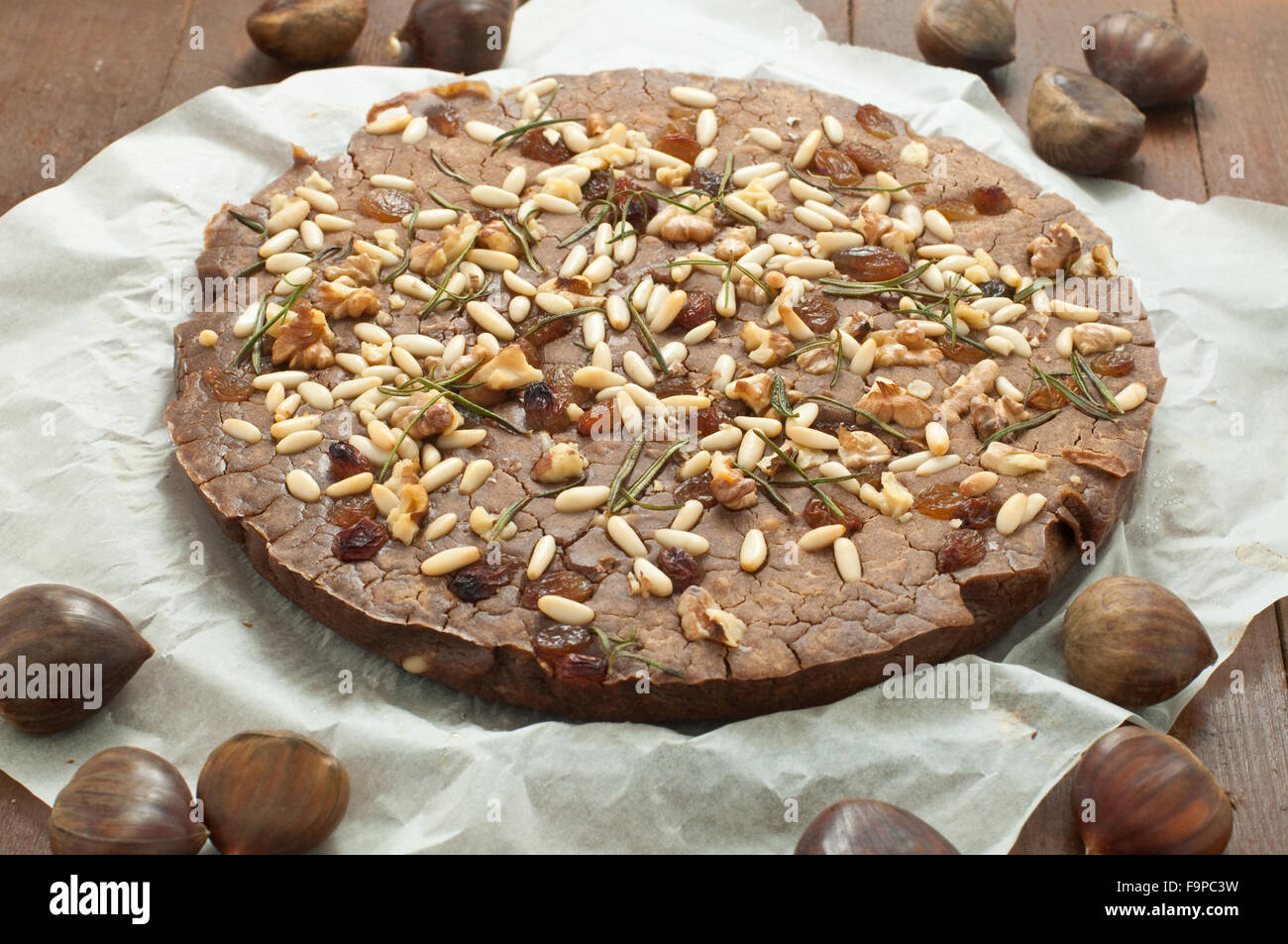 Typical Italian sweet chestnut cake made with chestnuts, italy Stock Photo