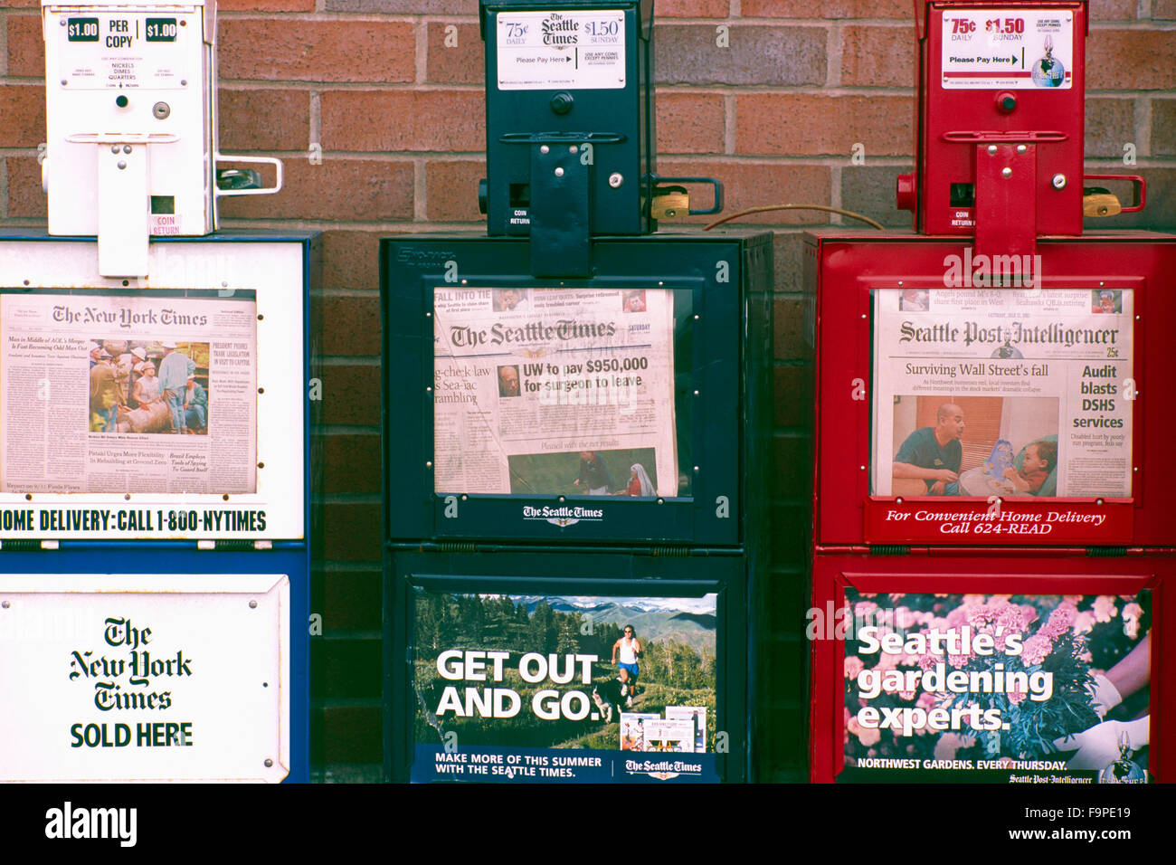 Newspaper Boxes stand in a Row, Newspapers for Sale in Stands Port