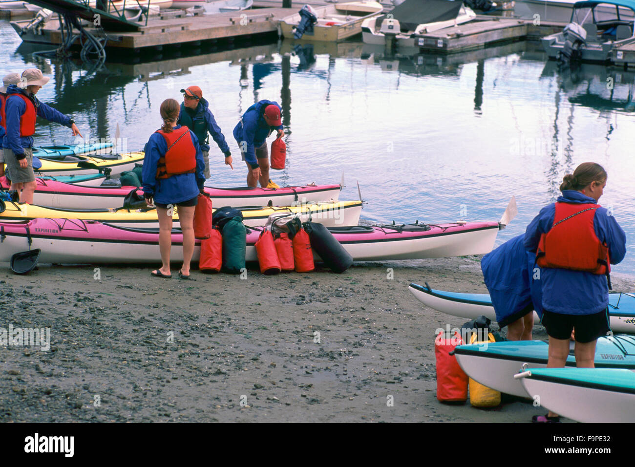 San Juan Island, Washington State, USA Kayakers preparing for a