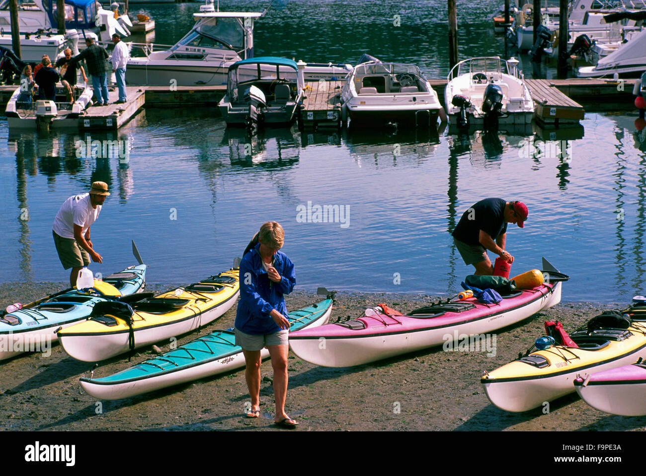 San Juan Island, Washington State, USA Kayakers preparing for a