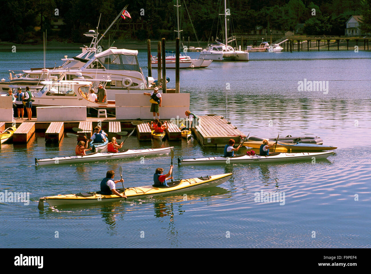 San Juan Island, Washington State, USA - Kayakers kayaking in Snug Harbor in Mitchell Bay Stock Photo