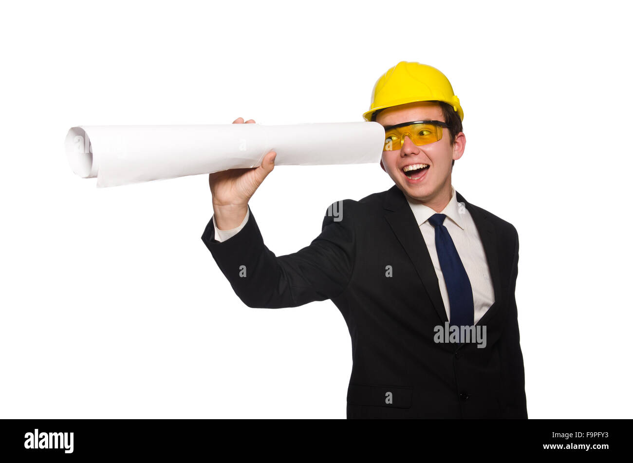 Funny architect with drawings on white Stock Photo