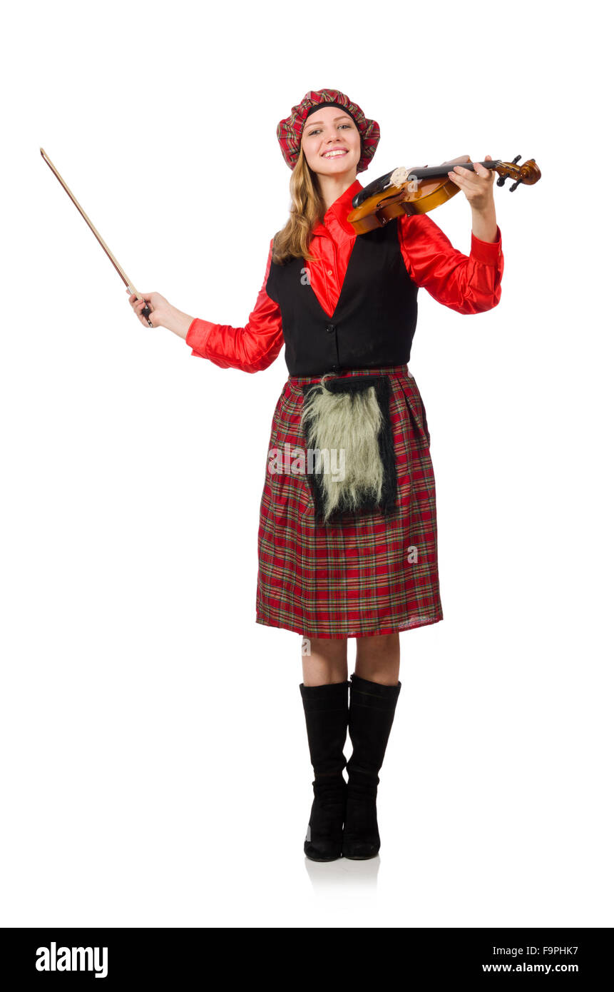 Funny woman in scottish clothing with violin Stock Photo - Alamy