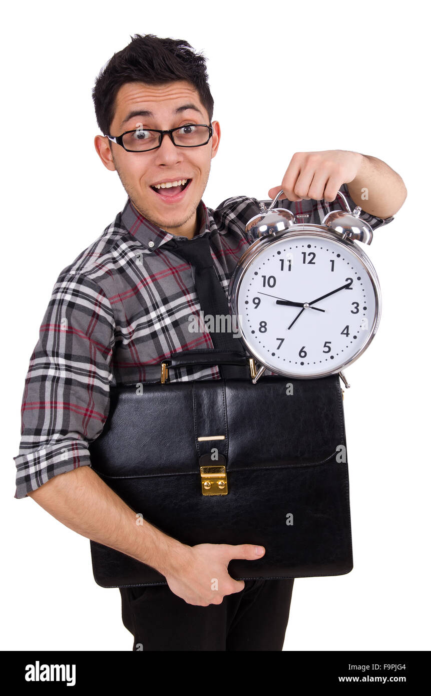 Young employee with backpack and alarm clock isolated on white Stock