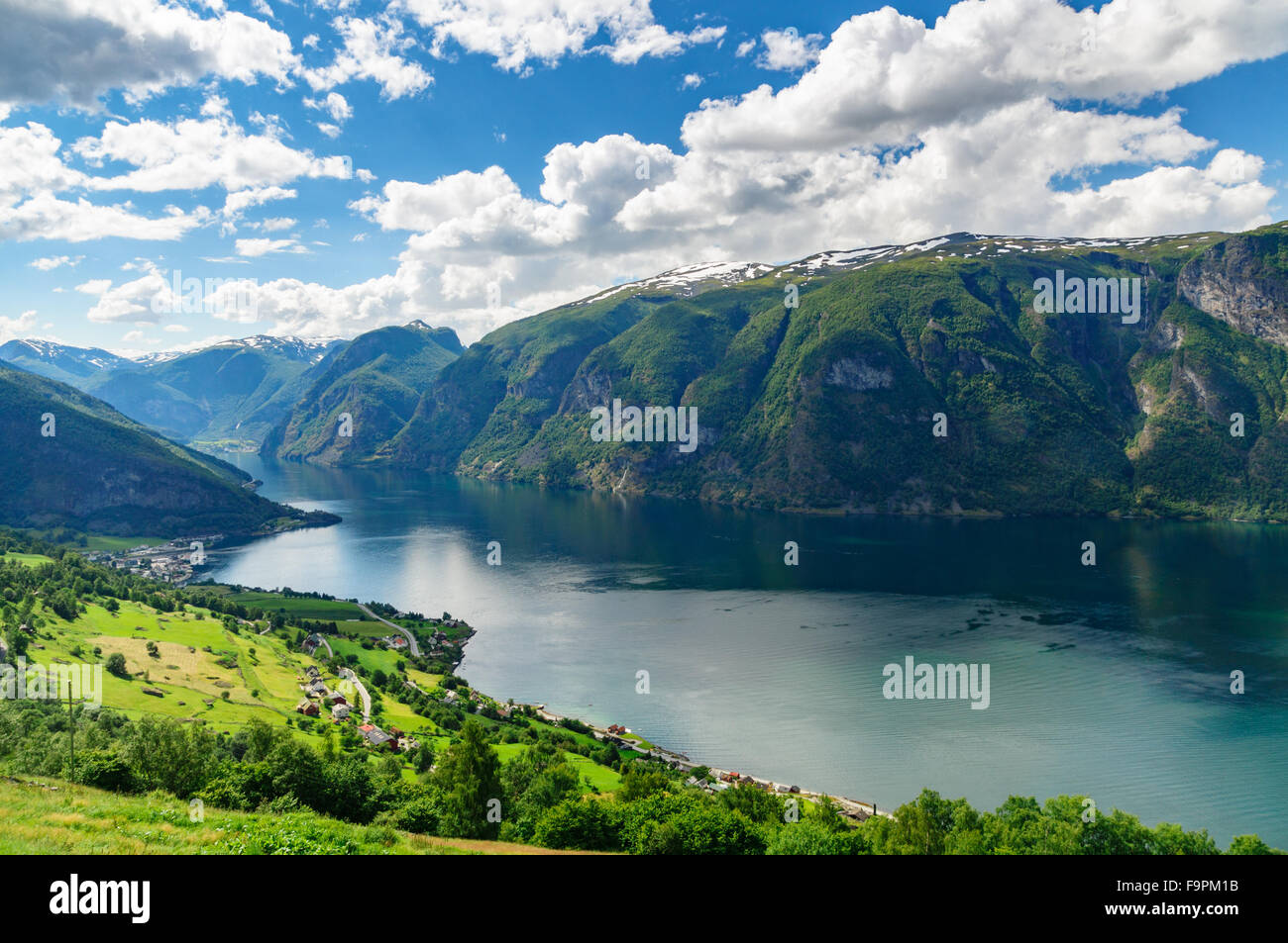 Panoramic sunny view on Aurlandsfjord, Norway Stock Photo