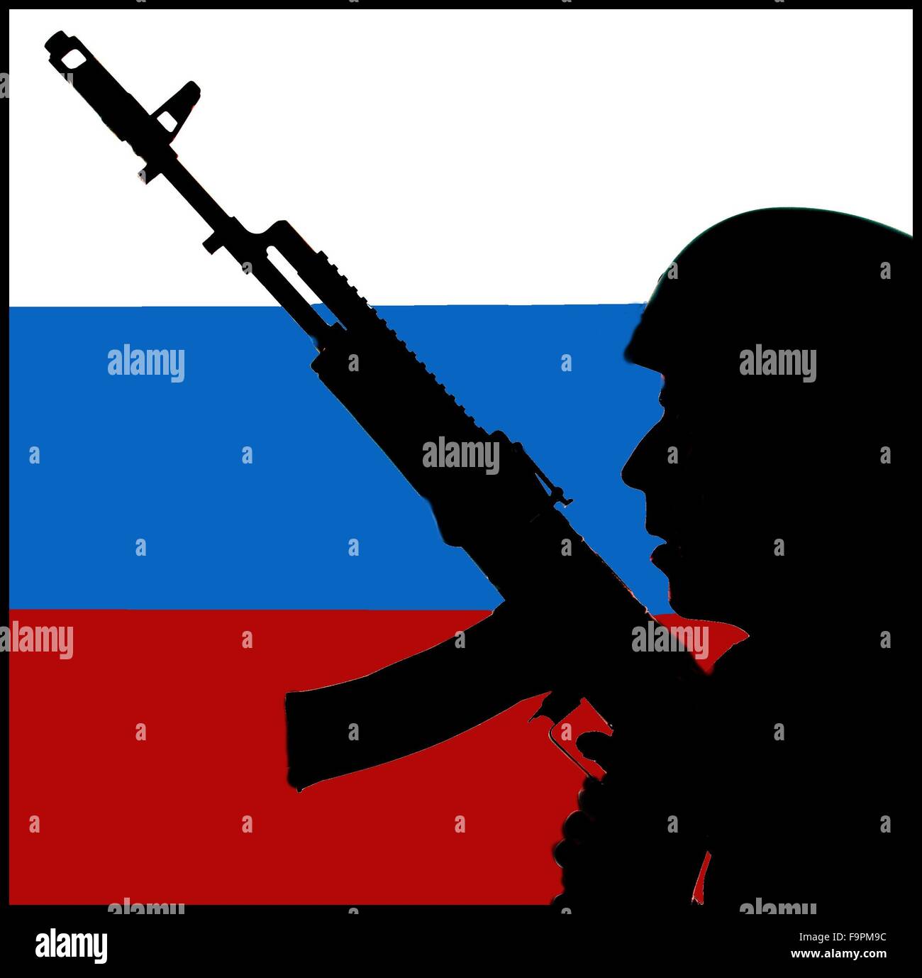 Soldier with a Submachine Gun and Russian flag Stock Photo