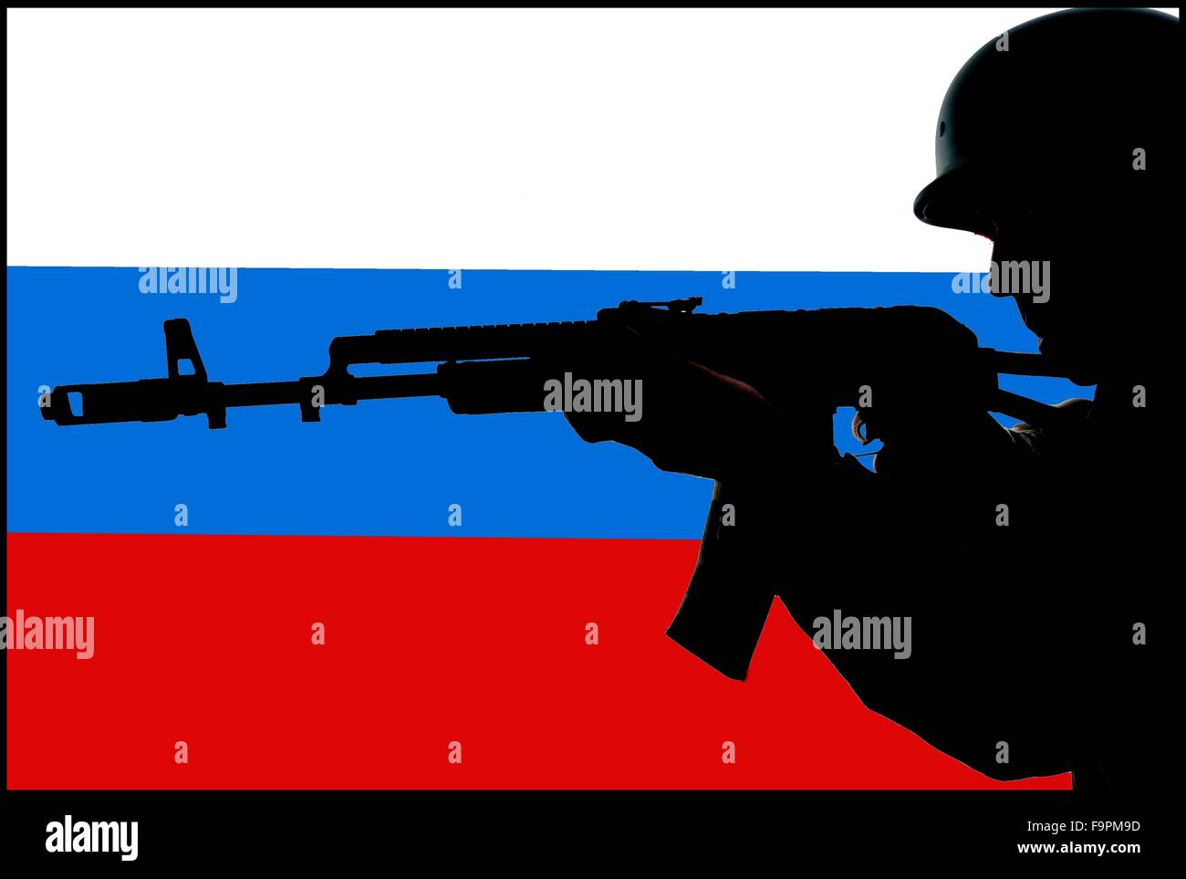 Soldier with a Submachine Gun and Russian flag Stock Photo