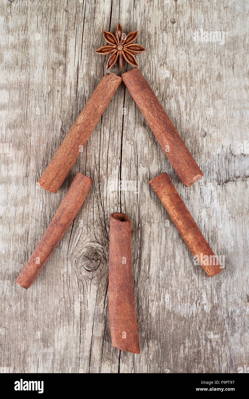 fir tree made from spices cinnamon sticks and anise Stock Photo