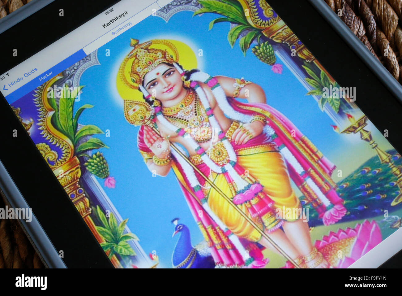 Hindu deity on an Ipad. Karthikeya. Stock Photo