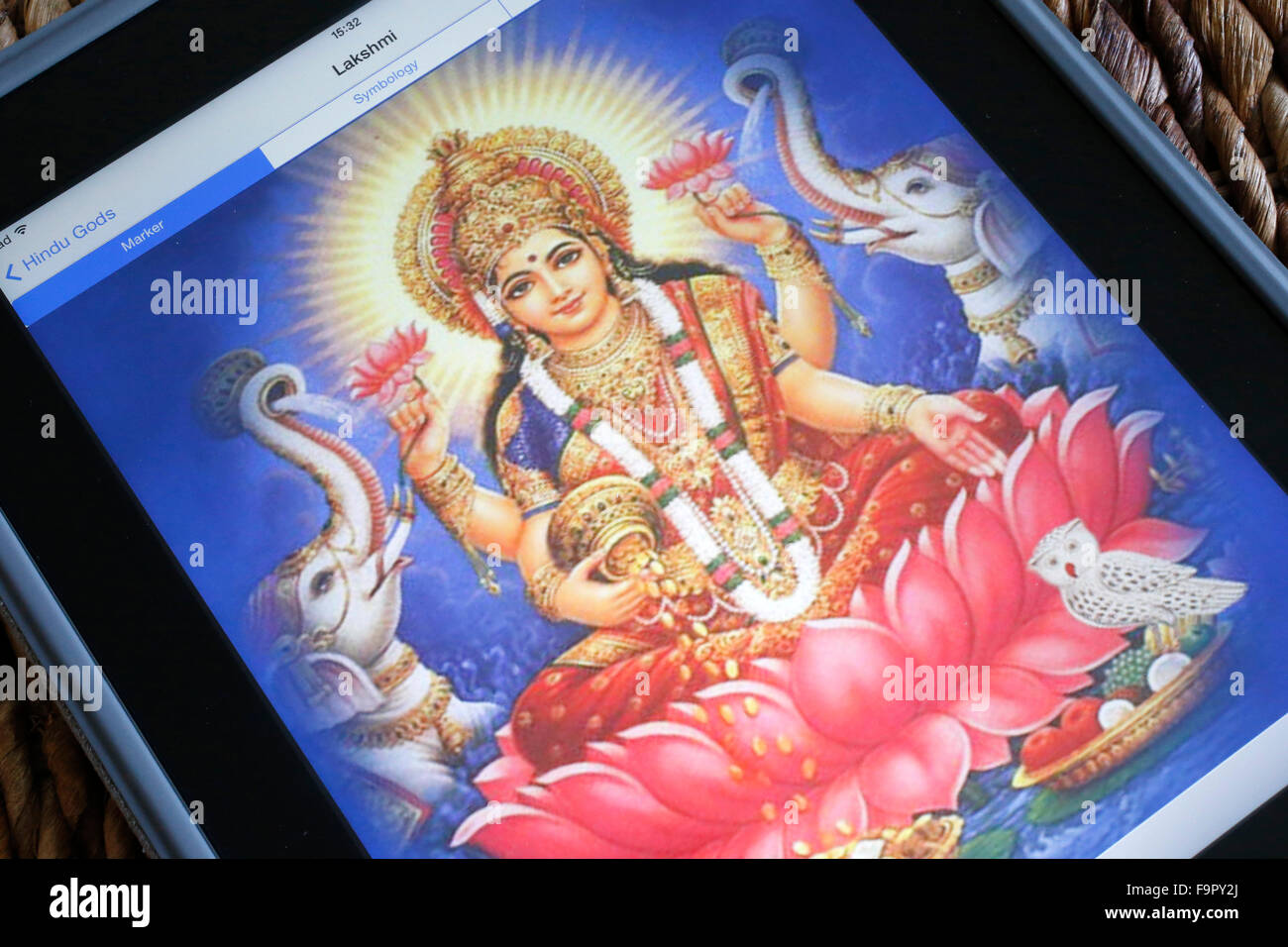 Hindu deity on an Ipad. Lakshmi. Stock Photo
