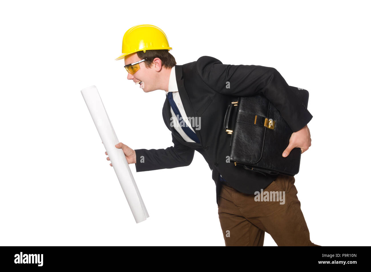 Funny architect with drawings on white Stock Photo