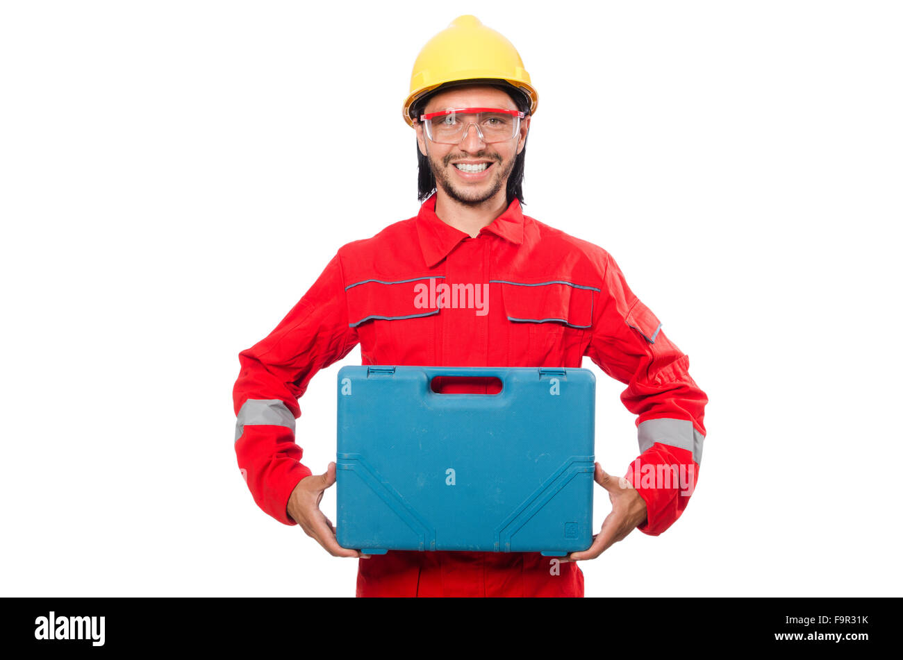 Man wearing red coveralls isolated on white Stock Photo - Alamy