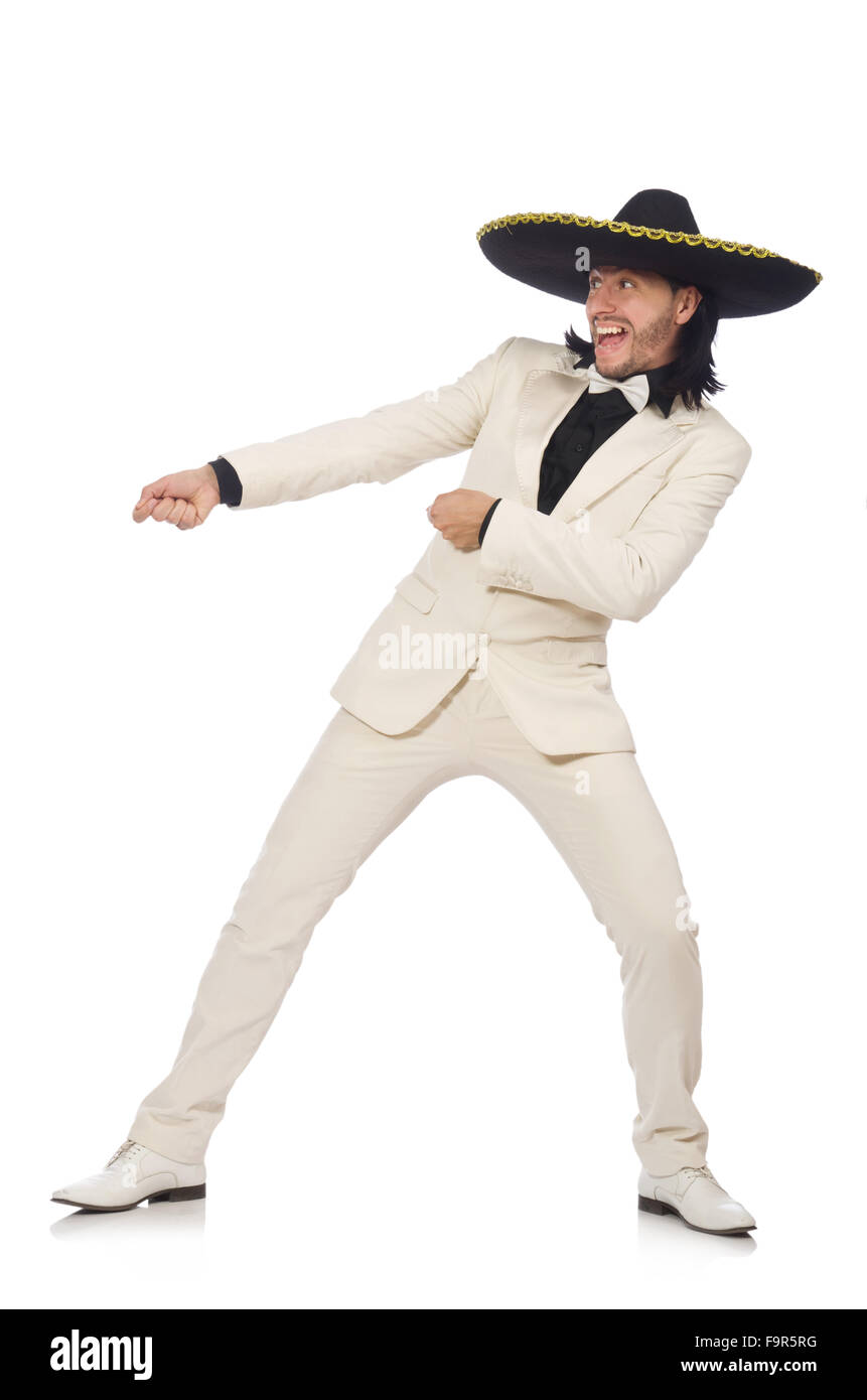 Funny mexican in suit and sombrero isolated on white Stock Photo