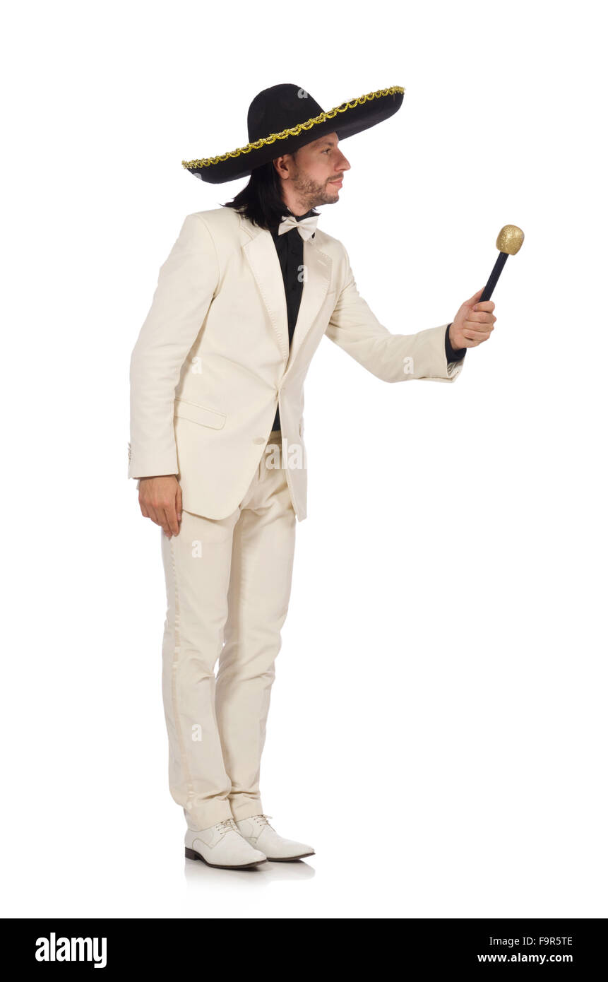 Funny mexican in suit holding maracas isolated on white Stock Photo Alamy