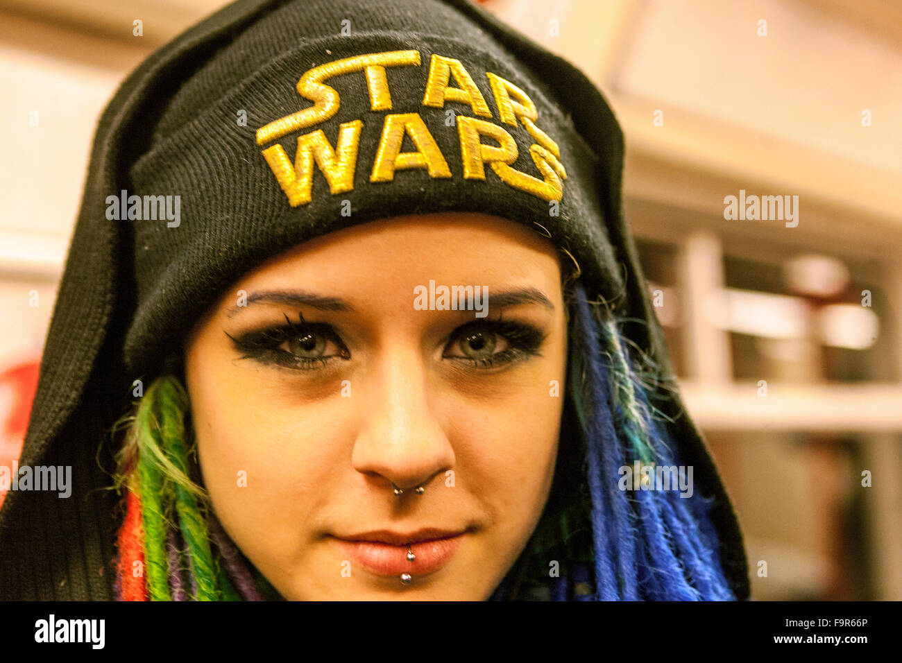 Girl with inscription Star Wars, fan, Prague, Czech Republic Stock Photo