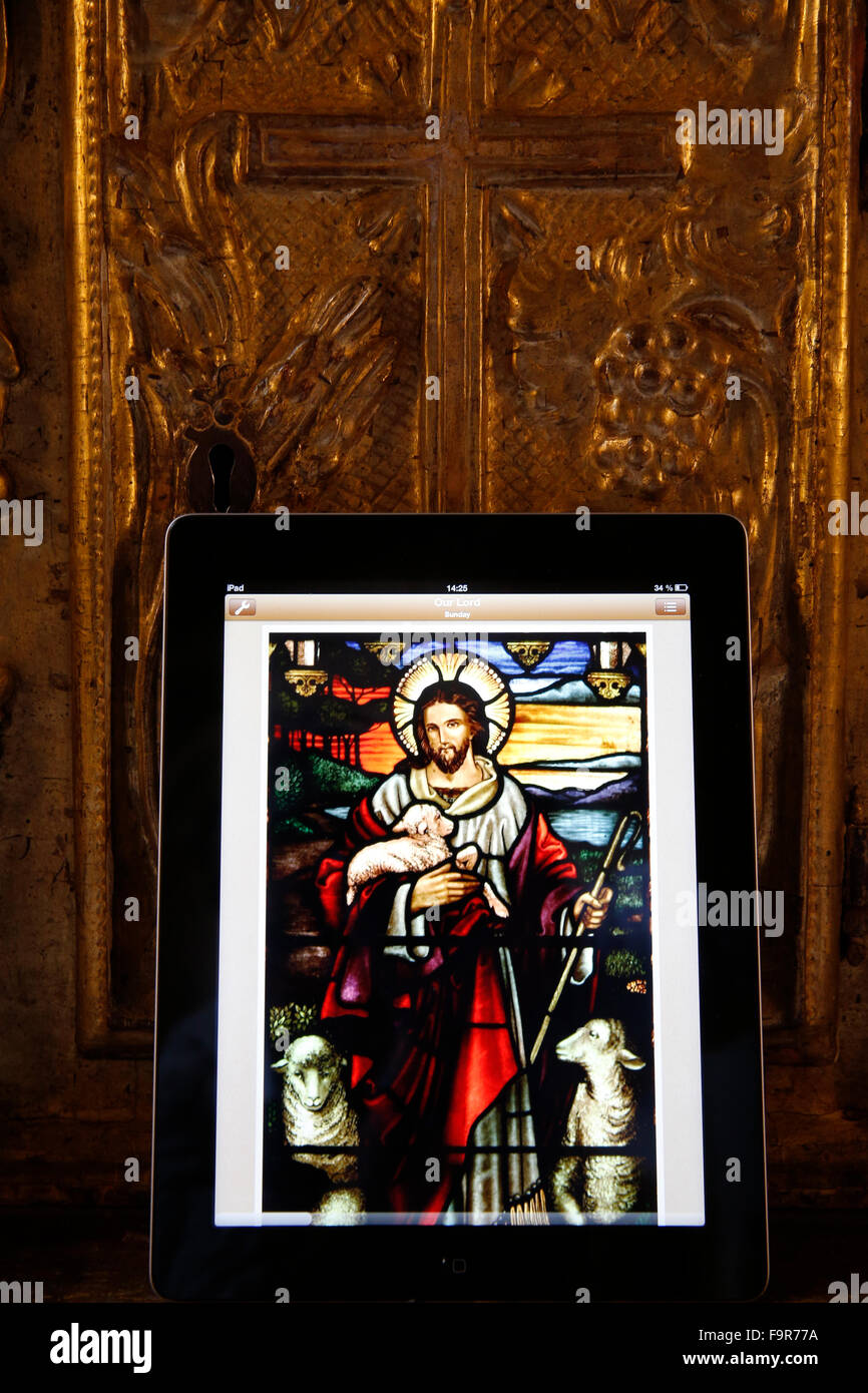 Picture of Jesus Christ on an Ipad in a church. Stock Photo