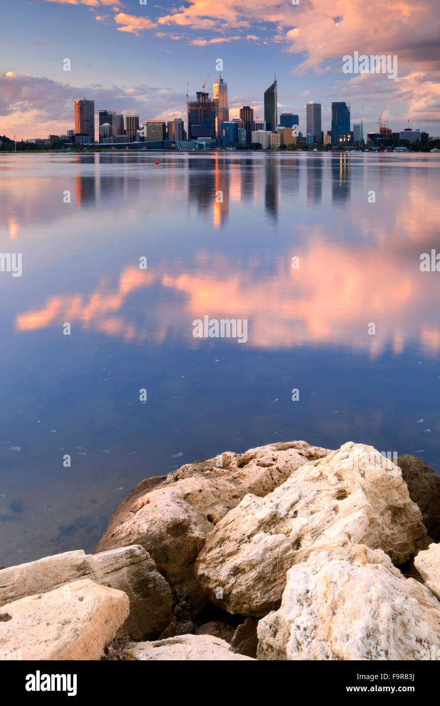 The skyline of Perth, Western Australia at sunset. Photographed from across the Swan River. Stock Photo