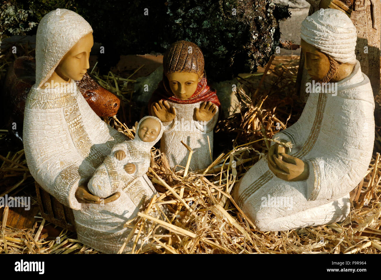 Christmas crib in a caholic church. Nativity scene. The holy Family