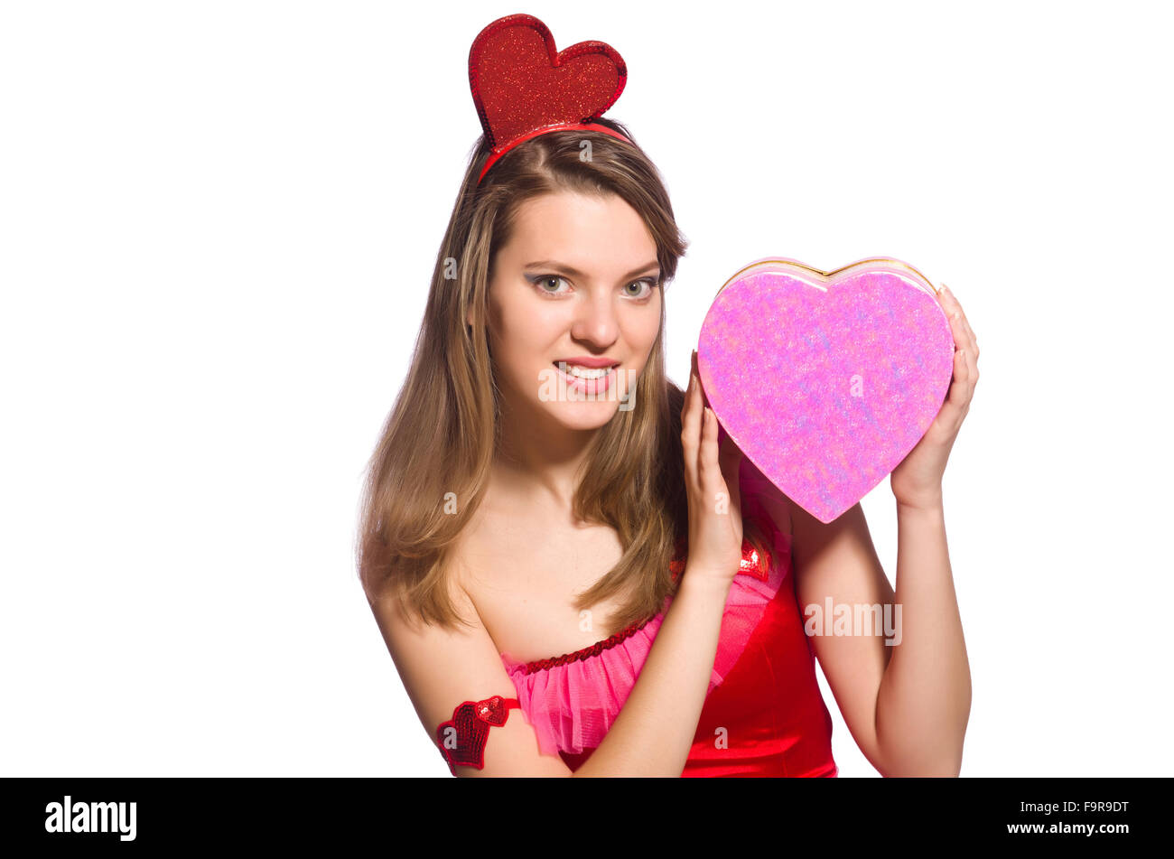 Girl in pretty pink dress with gift box isolated on white Stock Photo ...