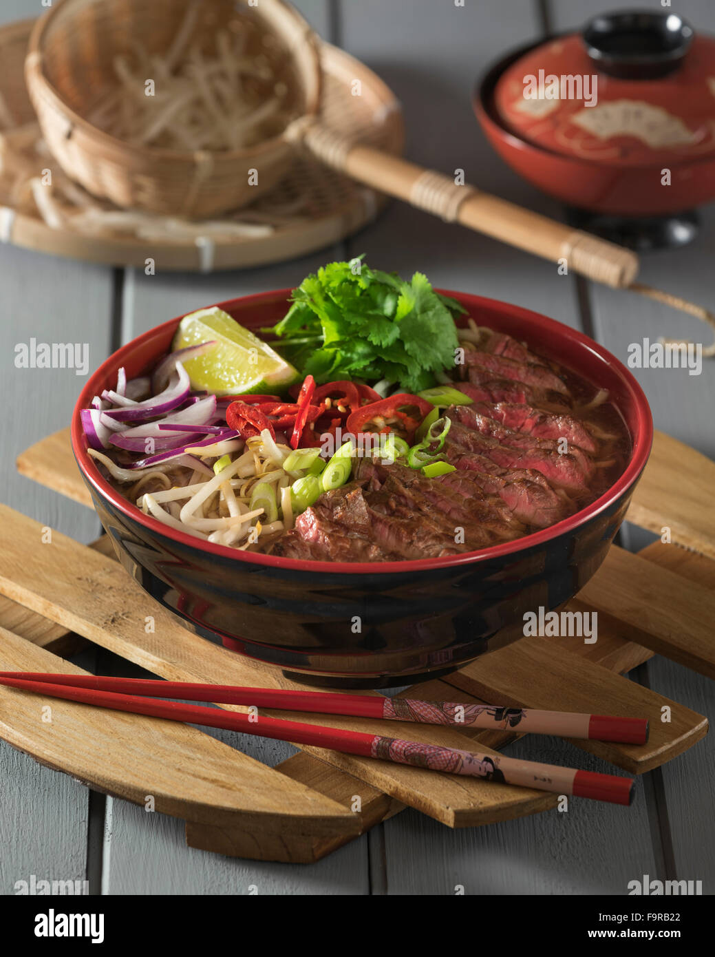 Beef ramen. Spicy meat broth with beef and noodles. Japanese food Stock