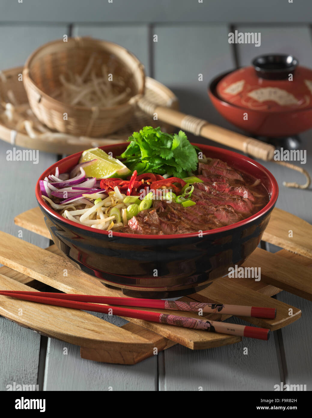 Beef ramen. Spicy meat broth with beef and noodles. Japanese food Stock