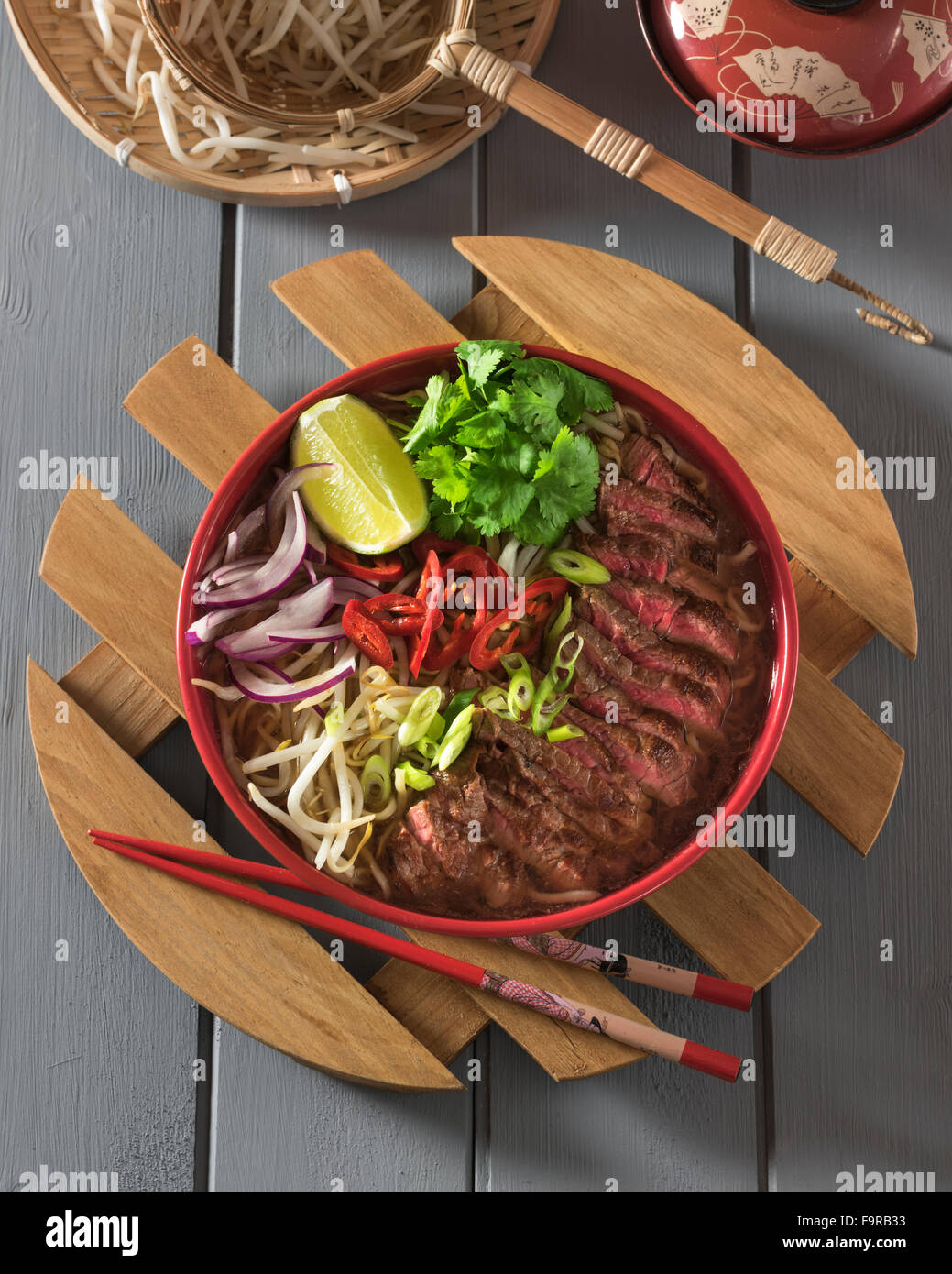 Beef ramen. Spicy meat broth with beef and noodles. Japanese food Stock