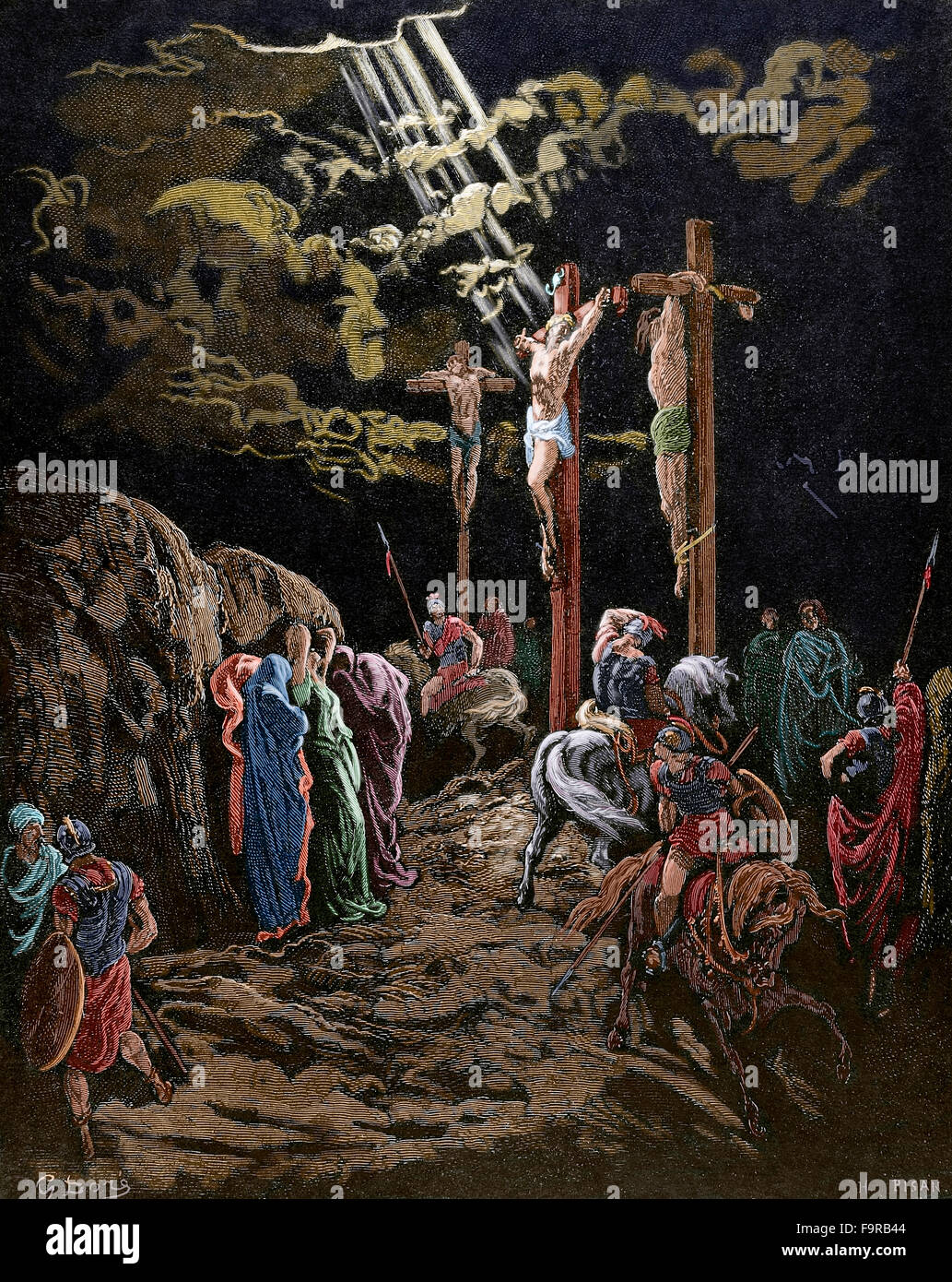 New Testament. Calvary. Jesus dies on the cross. Drawing by Gustave Dore. Engraving by H. Pisan. Colored. Stock Photo