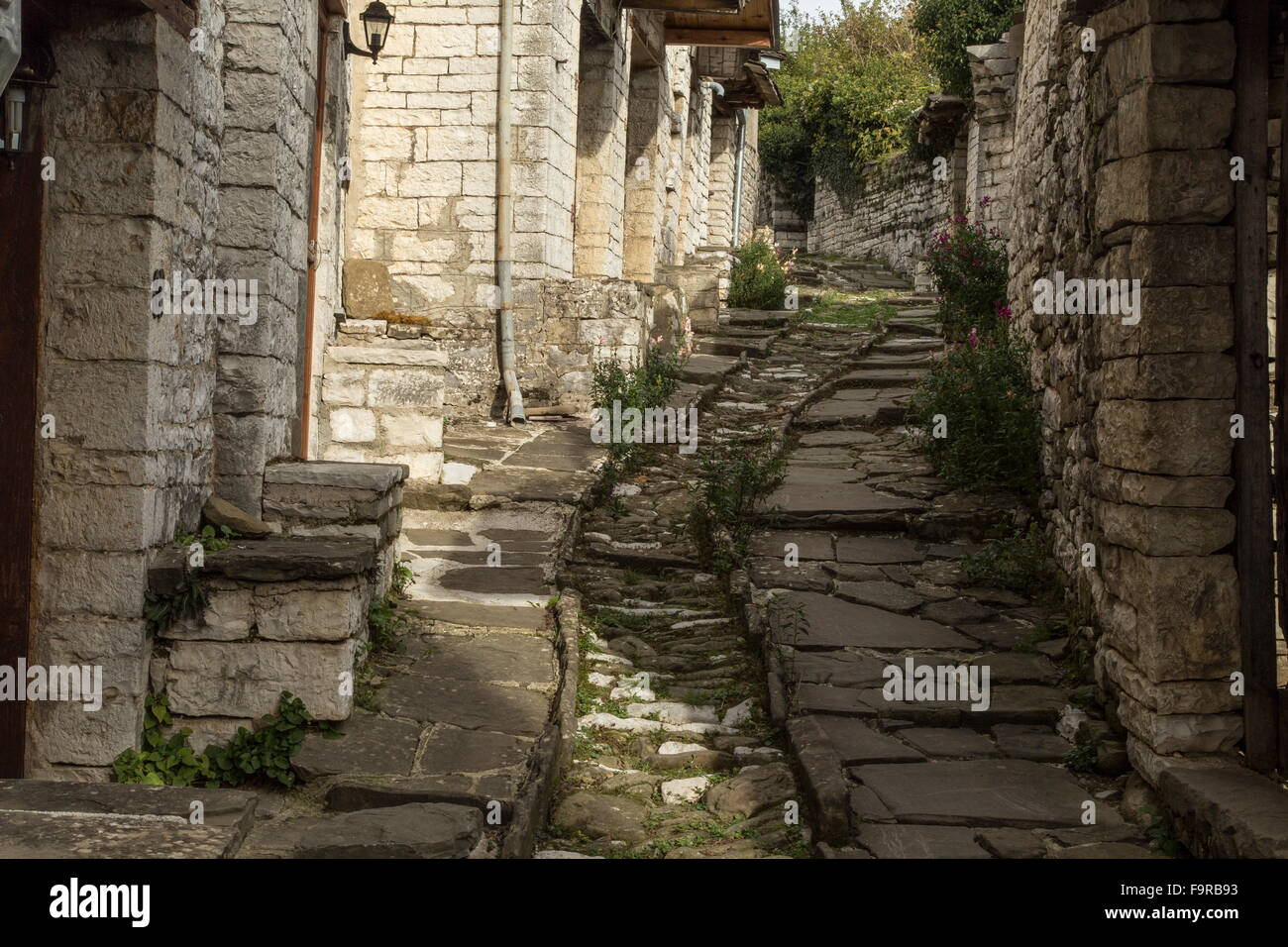 Cobbled streets in the old Zagorian village of Dhilopho, Zagori, Epirus, Greece. Stock Photo