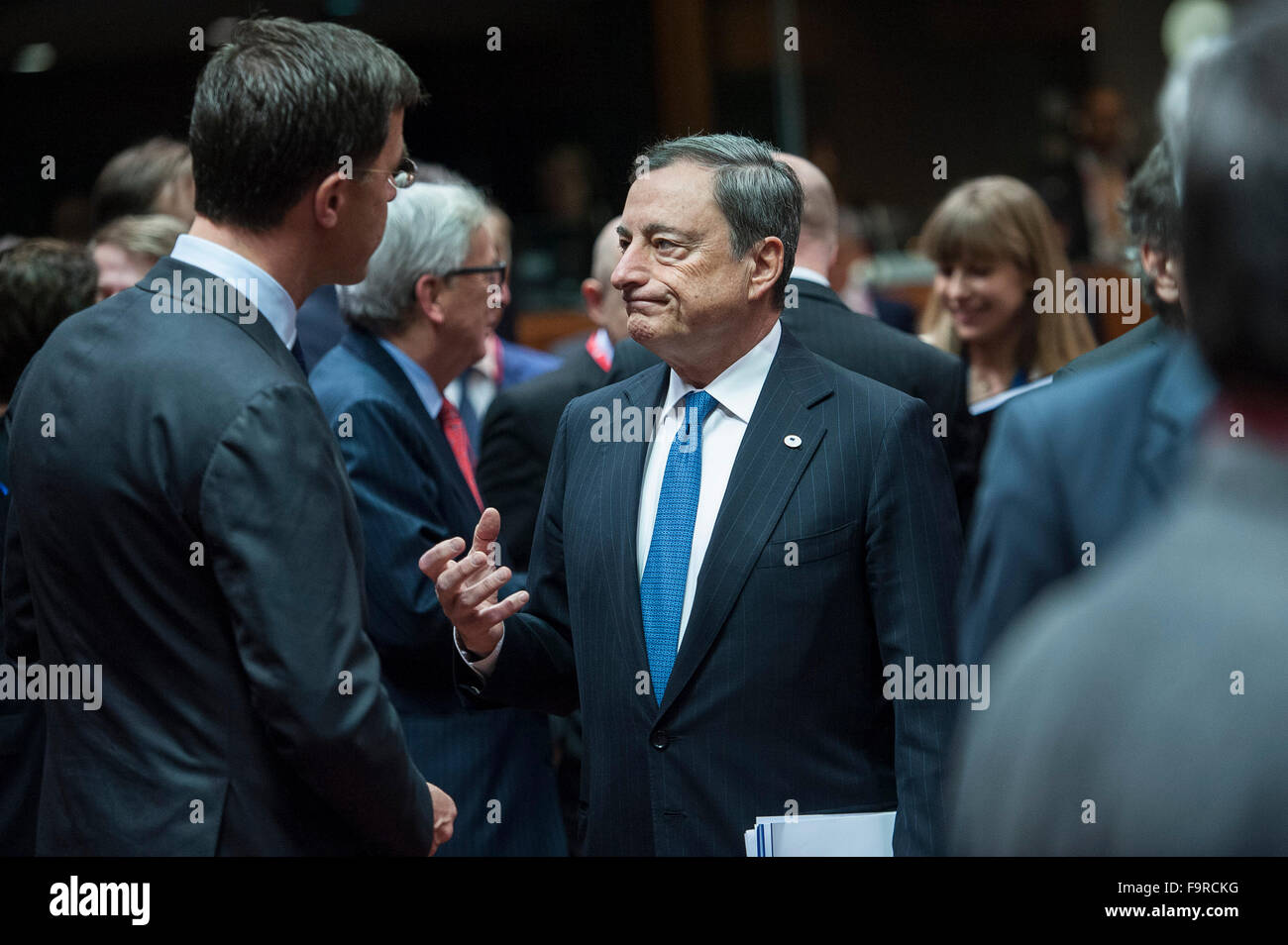 Brussels, Bxl, Belgium. 18th Dec, 2015. Mario Draghi, President of the European Central Bank (L) and Donald Tusk, the president of the European Council prior to the second day of a EU Summit in Brussels, Belgium on 18.12.2015 by Wiktor Dabkowski Credit:  Wiktor Dabkowski/ZUMA Wire/Alamy Live News Stock Photo