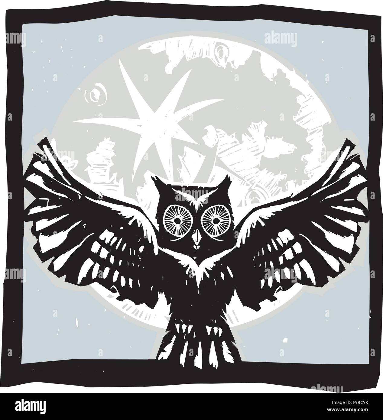 Woodcut flying owl with feathered wings spread in front of a full moon. Stock Vector