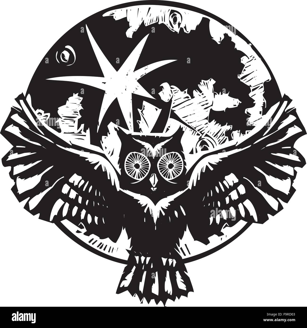 Woodcut flying owl with feathered wings spread in front of a full moon. Stock Vector