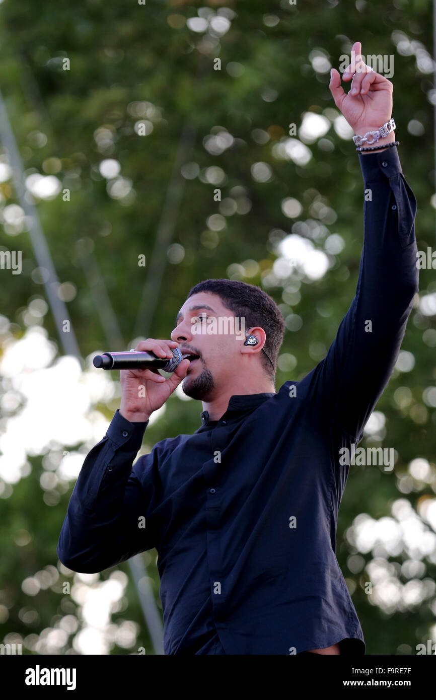 German singer and songwriter Andreas Bourani performs live at the 35th German Protestant Church Congress in Stuttgart, Germany, 5th June 2015 Stock Photo