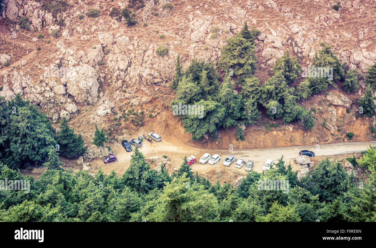 Aerial view on mountain valley and cars Stock Photo