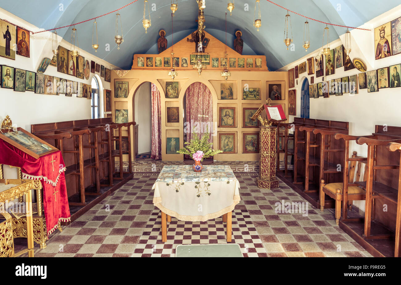 Greek orthodox chapel interior on Kos island Stock Photo