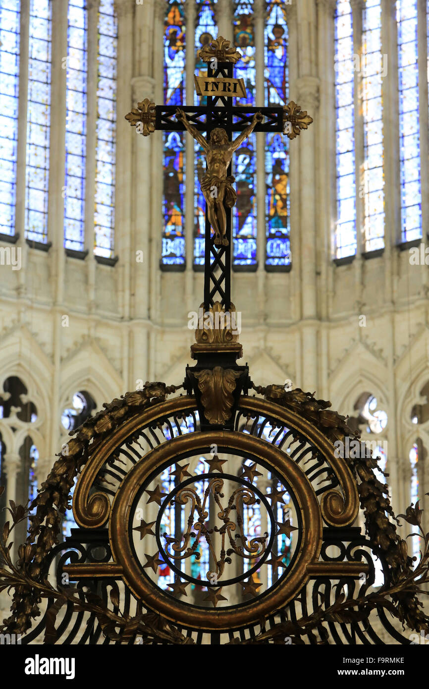 Jesus Christ on the cross. Grid of the choir. Amiens Cathedral. Stock Photo
