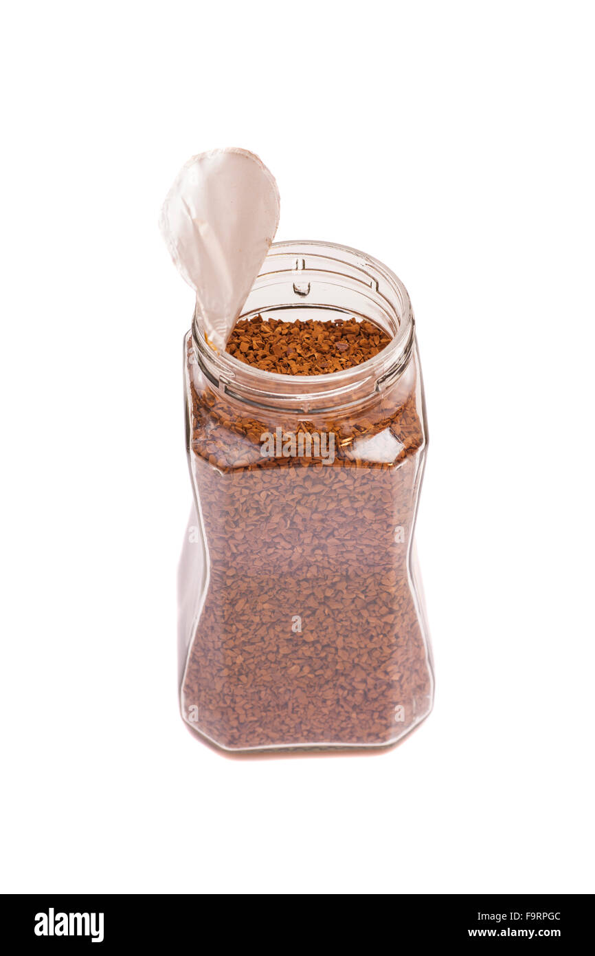 Open jar instant coffee on a white background Stock Photo Alamy