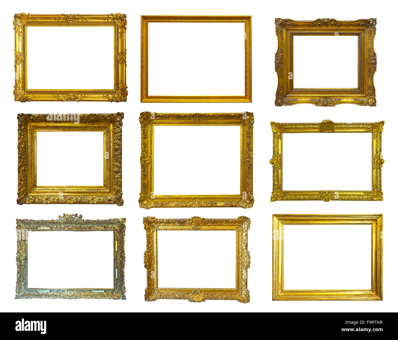 Set of few gold picture frames. Isolated over white background with ...