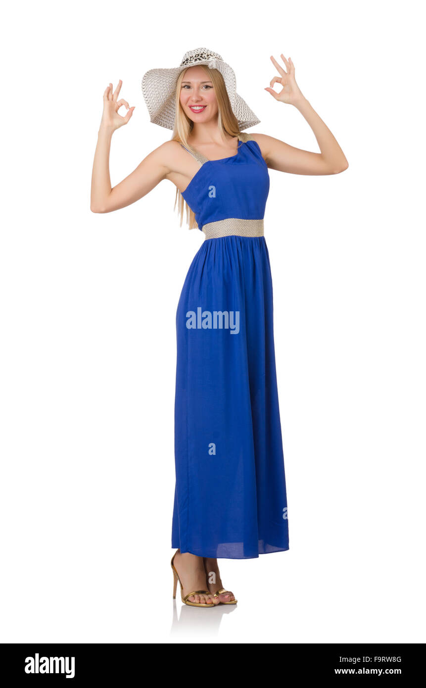 Beautiful woman in long blue dress isolated on white Stock Photo - Alamy