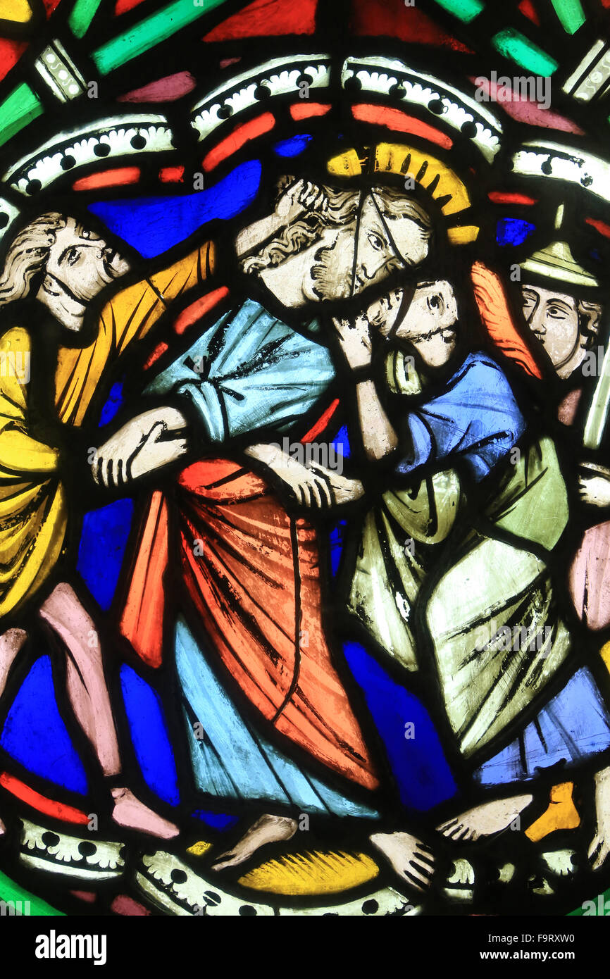 The Kiss of Judas. (1260). Gothic stained glass window from the former Dominican Church of Strasbourg. Oeuvre Notre-Dame de Stra Stock Photo