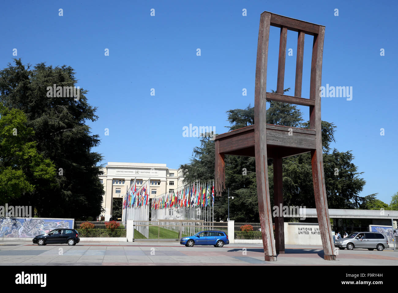 The Broken Chair by Daniel Berset, Memorial to the victims of landmines in front of the United Nations Building. Stock Photo