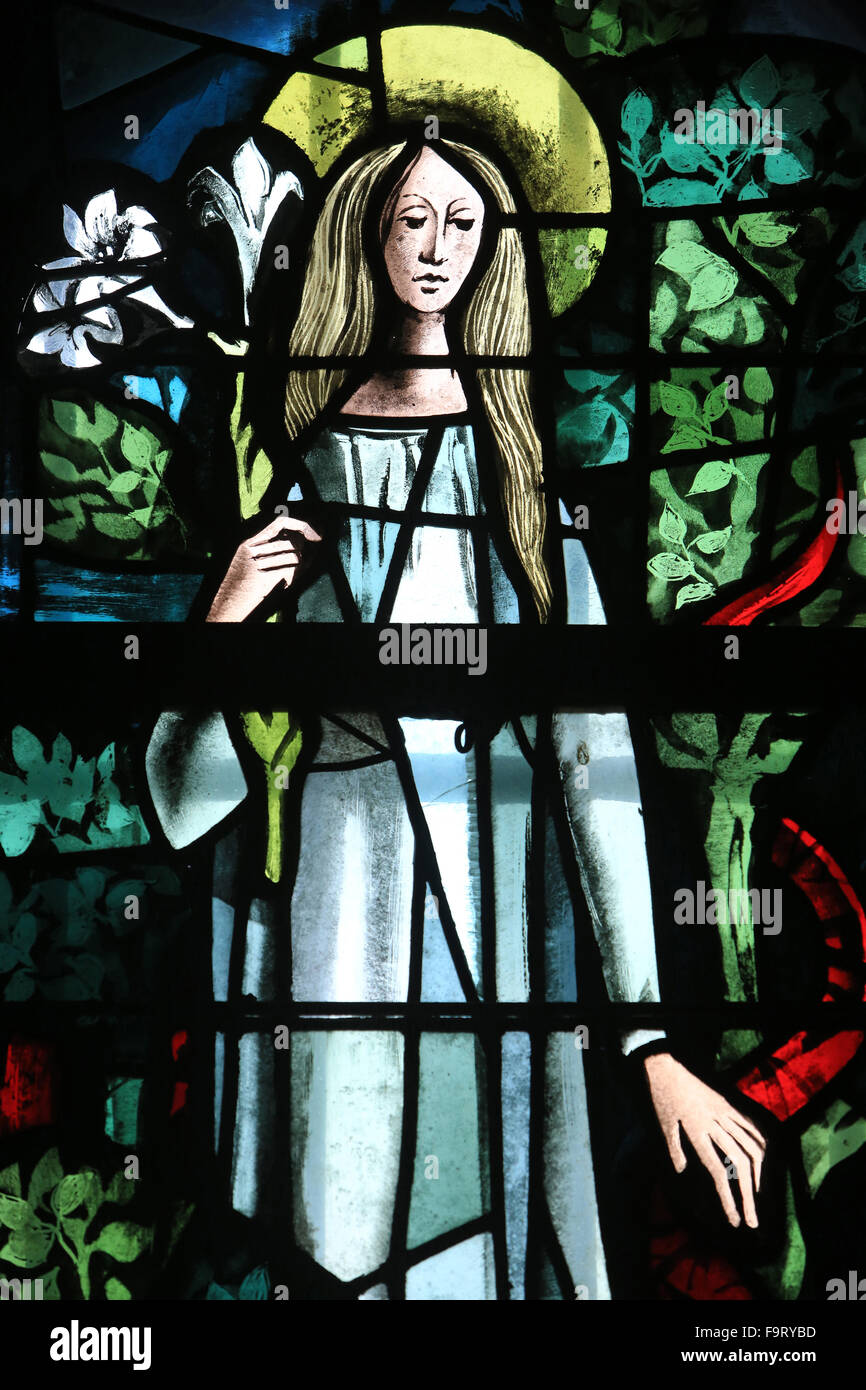 The Virgin and the serpent. Stained glass window. 1963. Max Ingrand. St. Ulrich church. Altenstadt. Wissembourg. Stock Photo