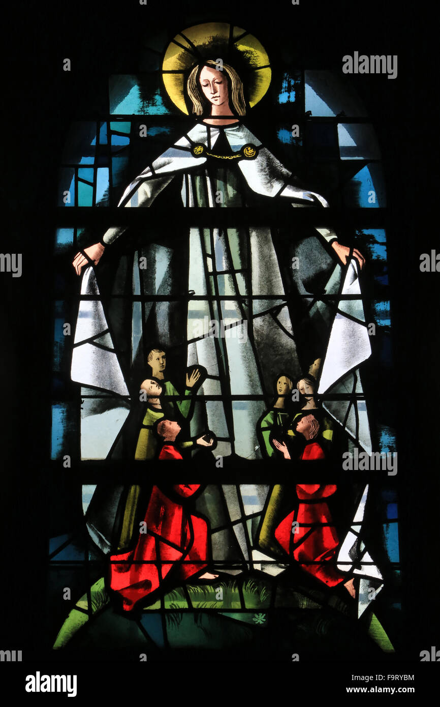 Virgin Mary. Stained glass windows. 1963. Max Ingrand. St. Ulrich church. Altenstadt. Wissembourg. Stock Photo
