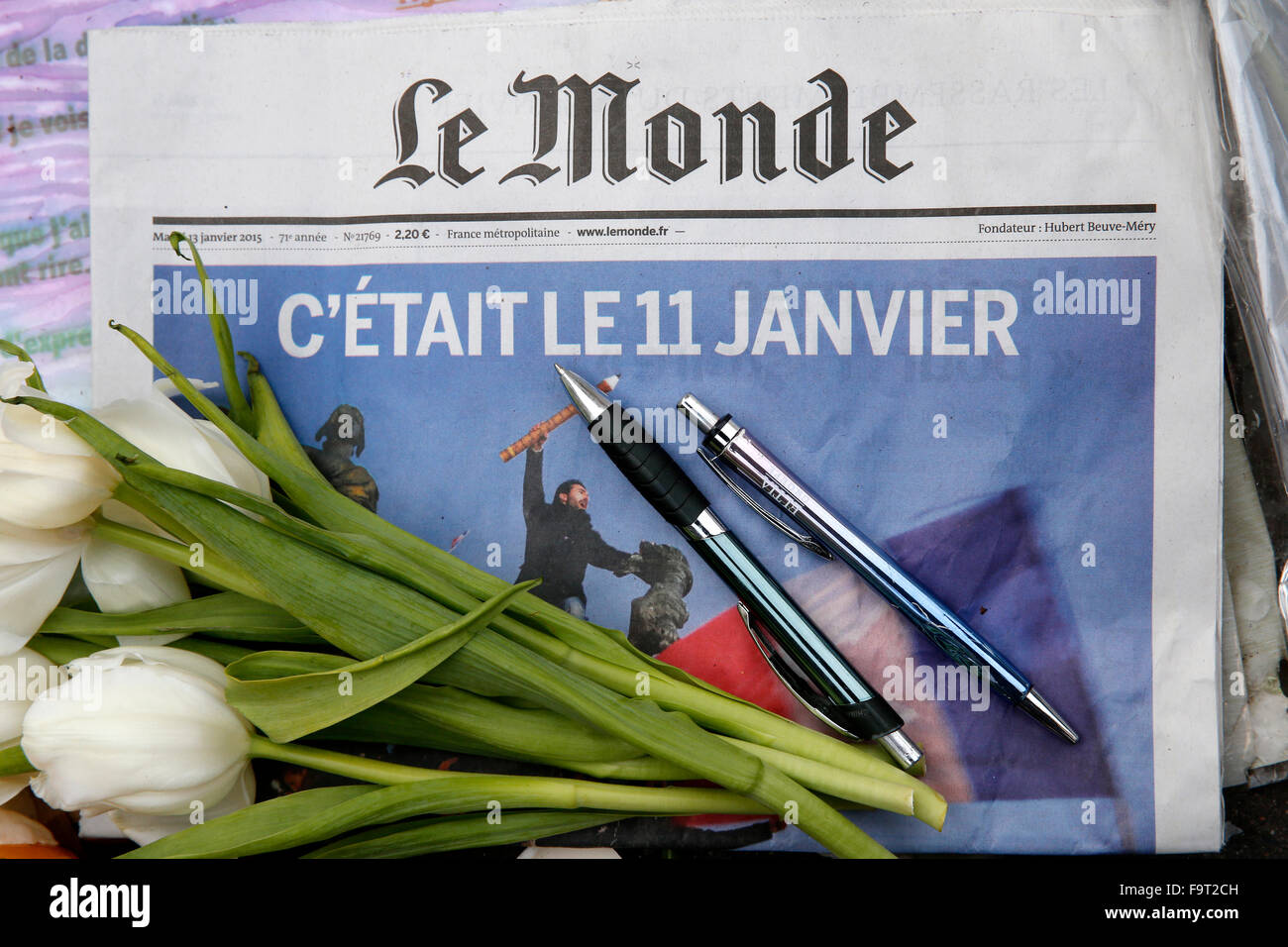 French newspaper after the unity march in honour of Charlie Hebdo attack victims. Stock Photo