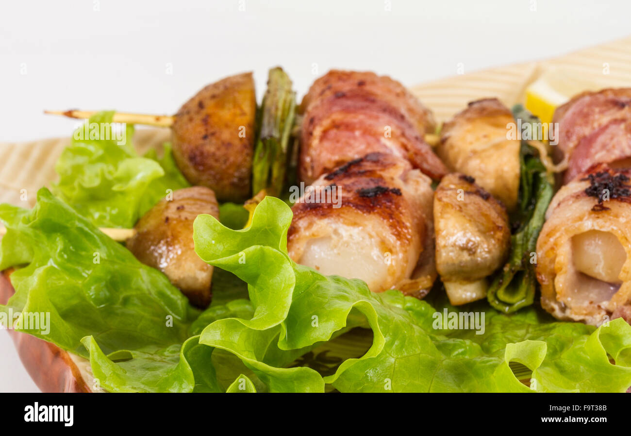 Bacon wrapped grilled Scallops with mushrooms and bacon Stock Photo Alamy